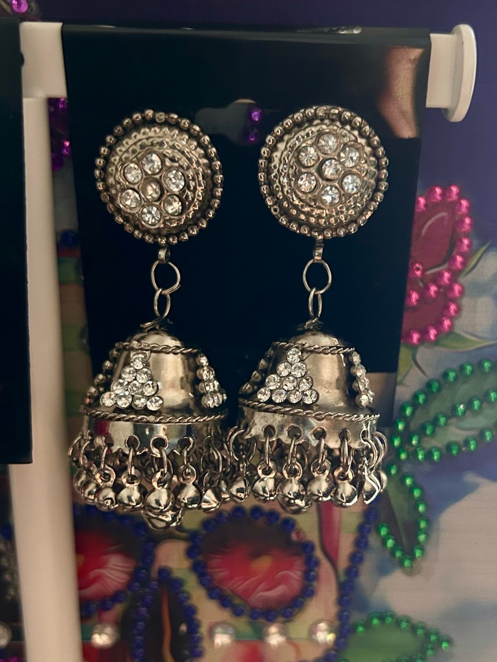 Crystal-Embellished Silver Jhumka Earrings - Women's Jewelry